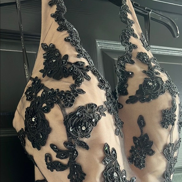 Elegant Jovani Rhinestone, Sequin, and Black Lace and Nude Mermaid Evening Gown - Picture 4 of 9